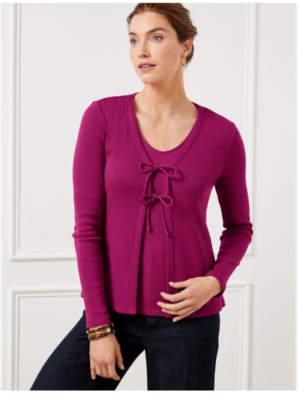 Talbots magenta pink/purple tie front ribbed cardigan